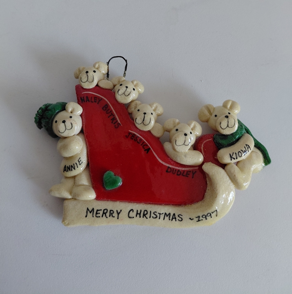 1997 Personilized Christmas Ornament Teddy Bears In Sleigh Made in USA
